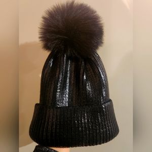 Adrienna Landau Metallic Beanie with Faux Fur Pom